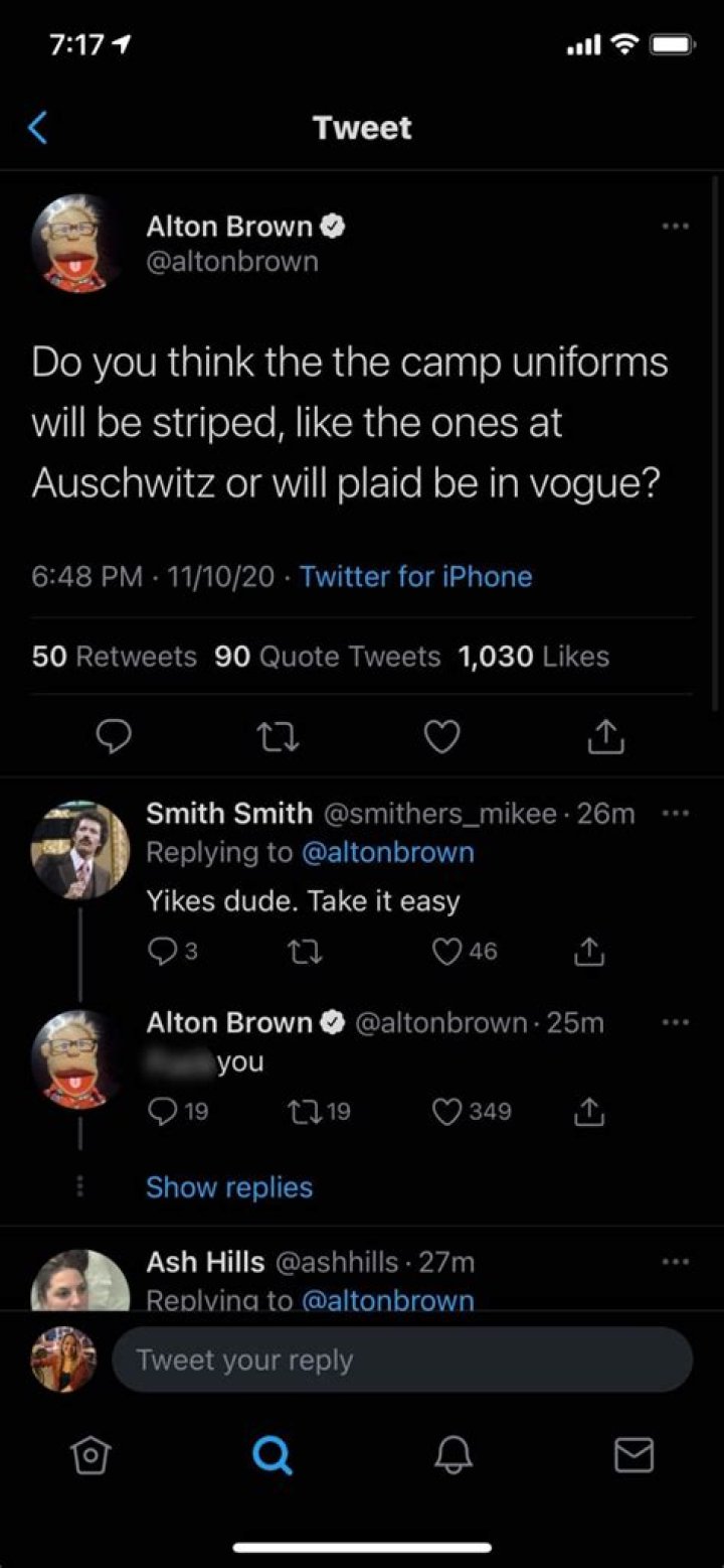 Alton Brown is sorry for his terrible Holocaust tweets, calls them ‘in poor taste’