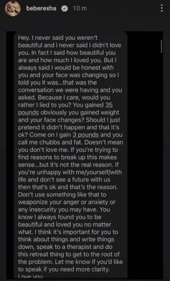 Bebe Rexha posts a message from her ex-boyfriend: did he fat-shame her?