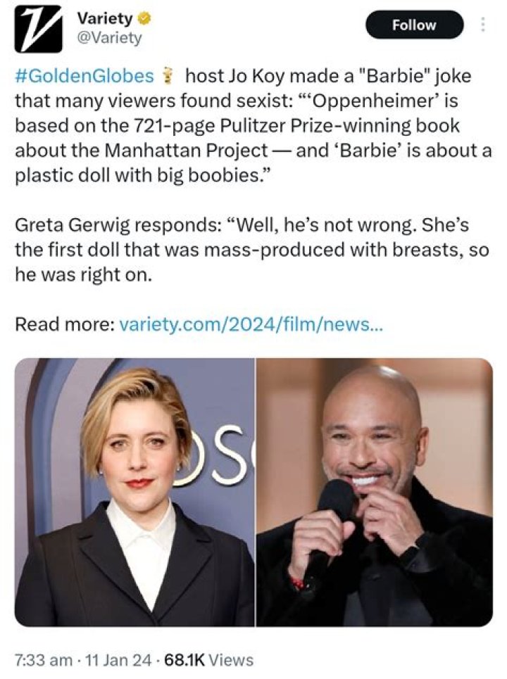 Greta Gerwig responds to Jo Koy’s offensive Barbie jokes at the Golden Globes