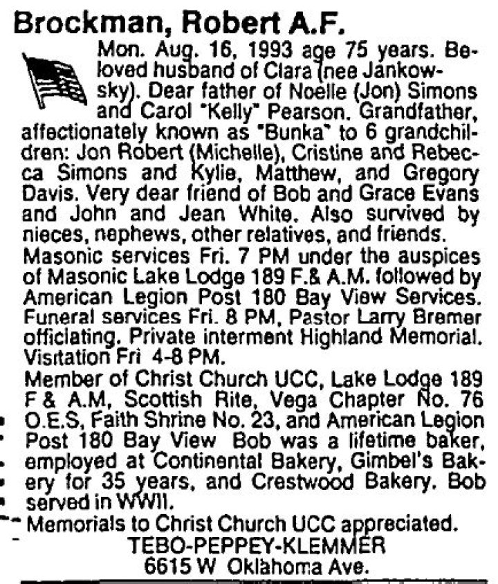 Robert Brockman obituary, burial, funeral, memorial service