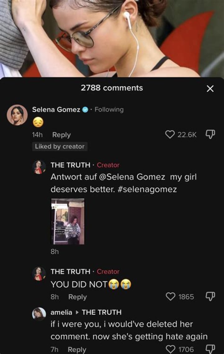 Selena Gomez commented a sad emoji on a TikTok about her and Justin Bieber